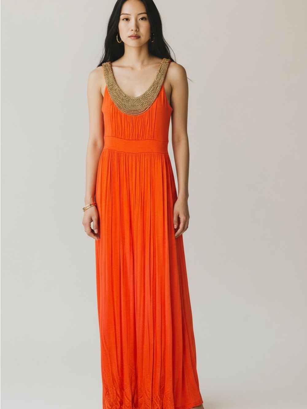 Soprano Orange Maxi Dress with brown Beaded Neckline
